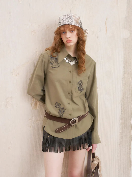 Cashew Flower Embroidered Long-Sleeve Shirt Blouse【s0000014058】