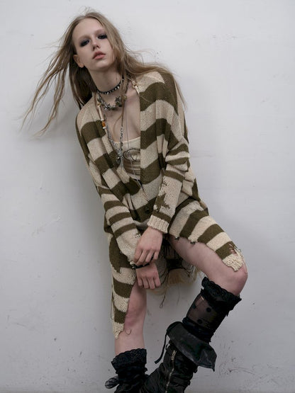 Striped knit loose bat-sleeve sunscreen hoodie【s0000012319】