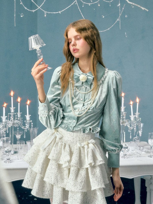 Sequins pearl bow tweed cake bustier skirt【s0000004775】