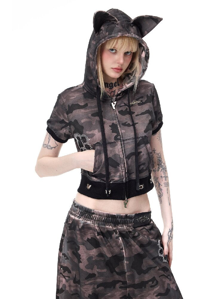 Cat Ear Rhinestone Camo Hoodie【s0000017721】