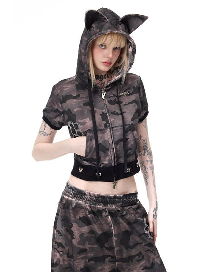 Cat Ear Rhinestone Camo Hoodie【s0000017721】
