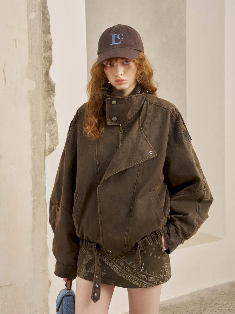 Padded Collar Patchwork Washed Denim Jacket【s0000014069】