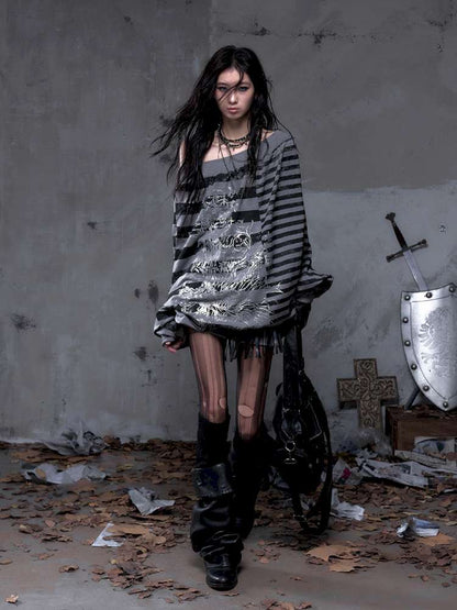 Striped Print Loose Bat Sleeve Dress【s0000014658】