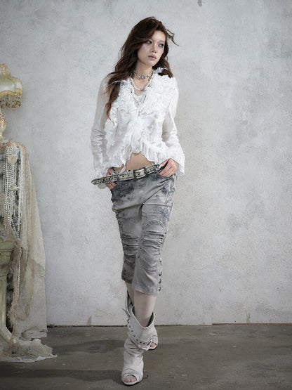 Distressed Lace Print Cropped Pants【s0000017860】