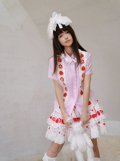 Plaid Lace Bow Short Sleeve Shirt【s0000018541】