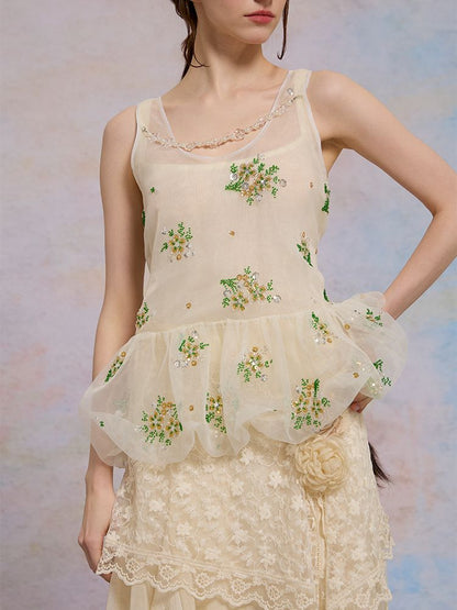 Retro embroidery mesh cloud undershirt【s0000013596】