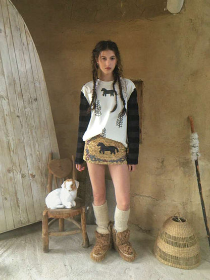 Striped Patchwork Pony Print T-Shirt【s0000014899】