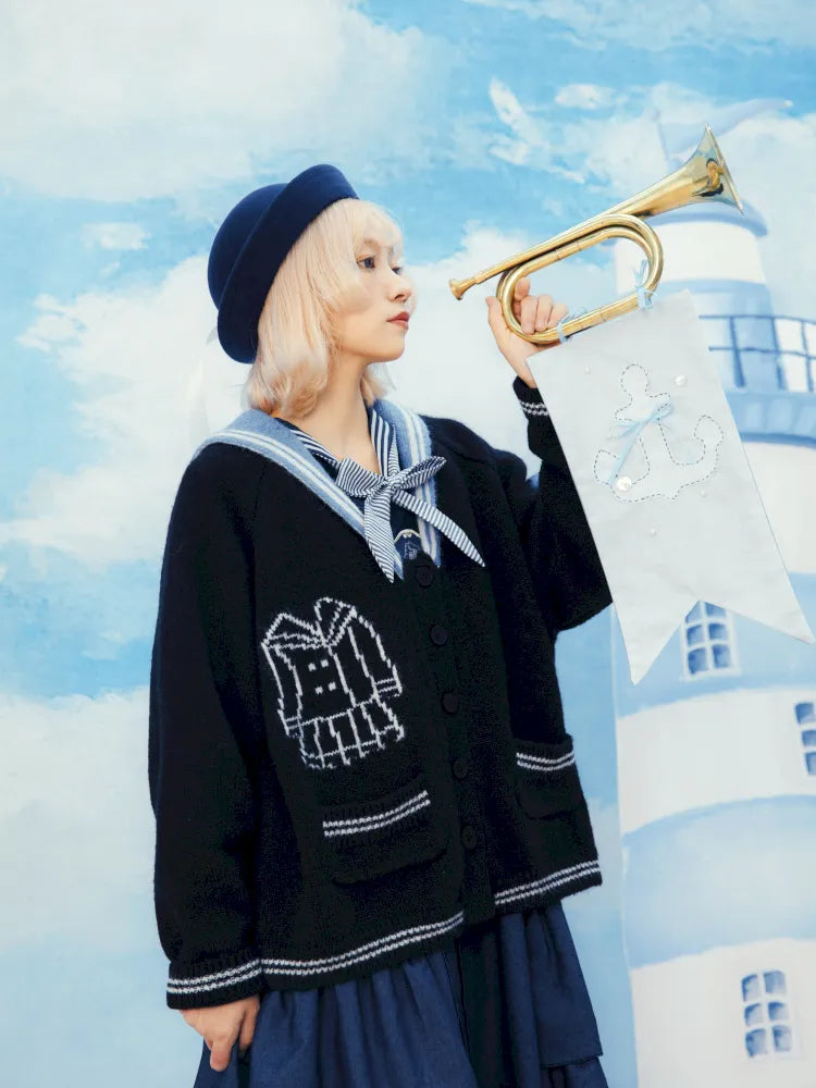 Contrasting Navy Collar Knit Cardigan【s0000014155】