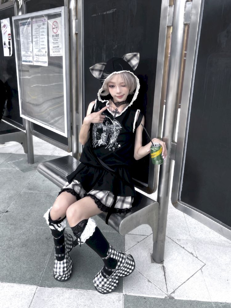 Cat Ear Hooded Skull Print Loose Dress【s0000012436】
