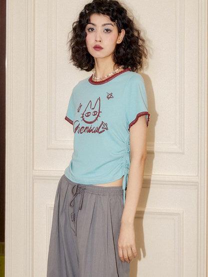 Vintage Color Clash Stretch Lace Short Sleeve Tee [S0000008858]