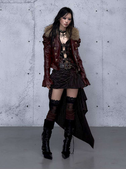 Court Punk Fur Waist Leather Coat【s0000014927】