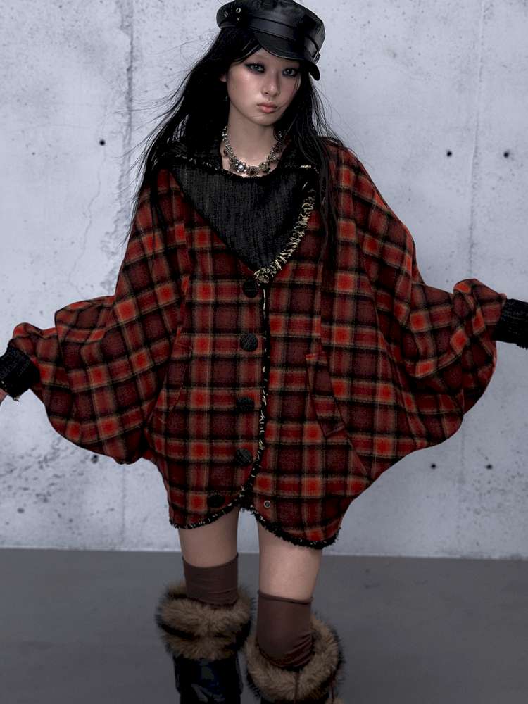 Punk Plaid Denim Bat Woolen Coat【s0000014929】
