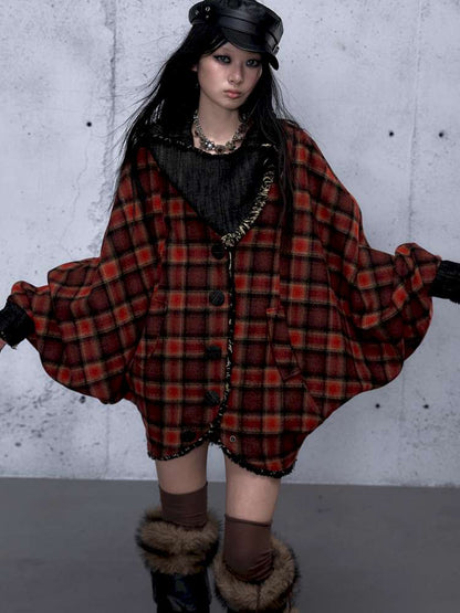 Punk Plaid Denim Bat Woolen Coat【s0000014929】