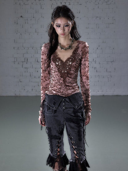 Crochet Flocked Lace Slim Shirt【s0000015934】