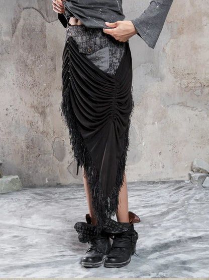 Asymmetric Knit Patchwork Drawstring Skirt【s0000014125】