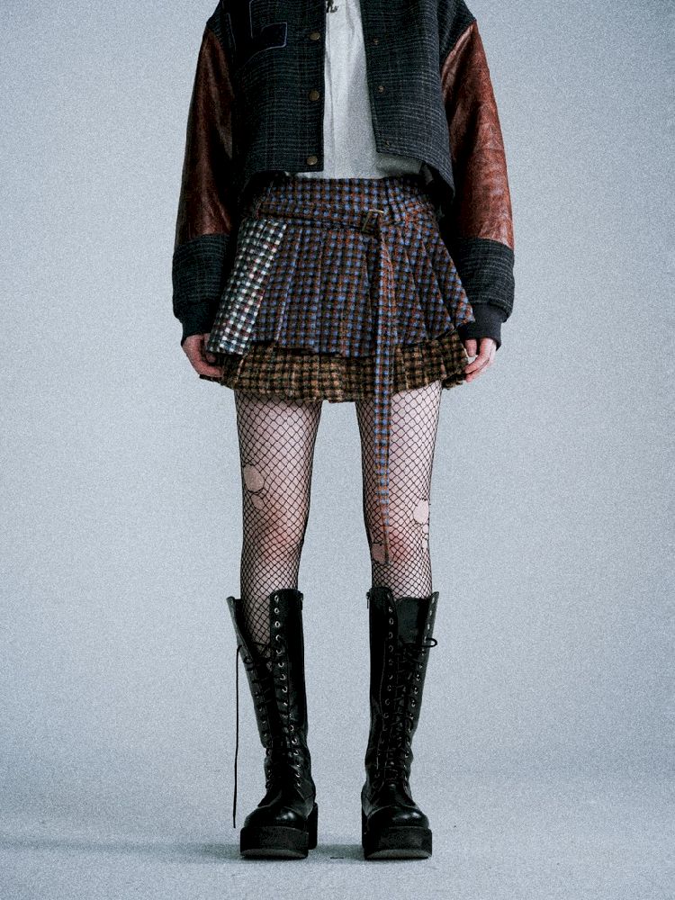 Three-color plaid splicing pleated skirt【s0000005411】