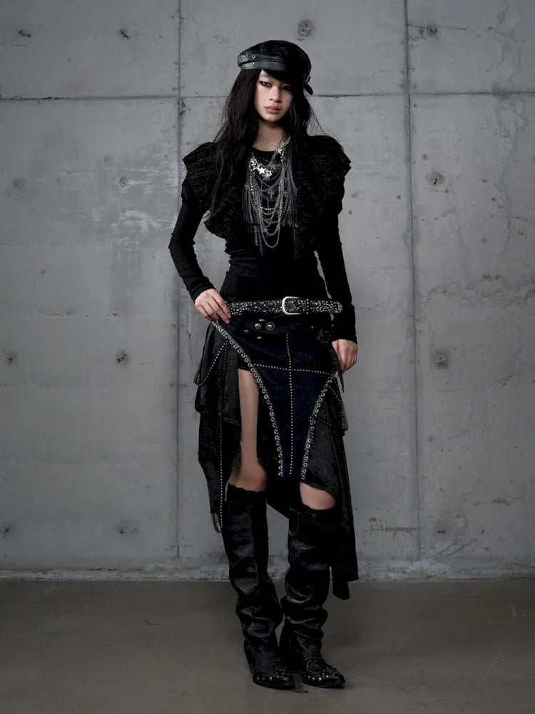 Asymmetric Leather-Satin Skirt【s0000013944】