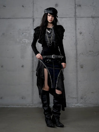 Asymmetric Leather-Satin Skirt【s0000013944】