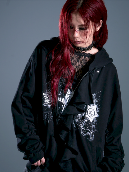 Ruffled Print Hoodie Cardigan【s0000013917】