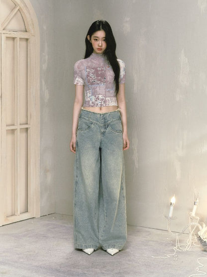 Wide-leg broken holes micro-laundry jeans【s0000012140】