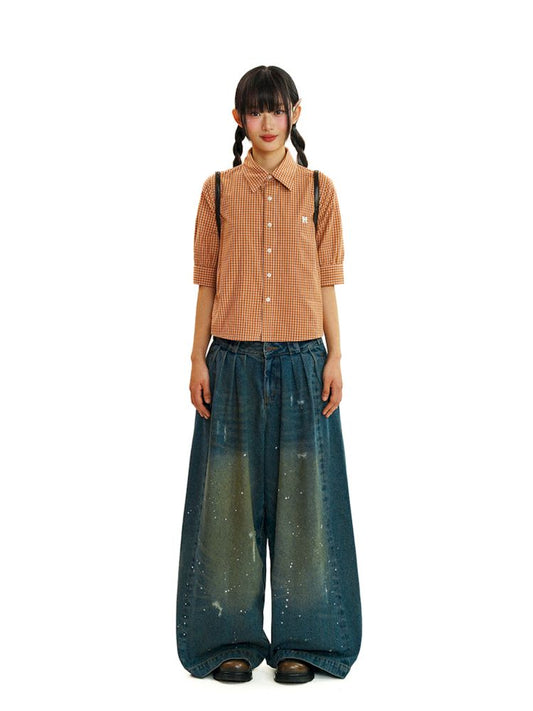 College Style Checkered Short Sleeve Shirt【s0000008581】