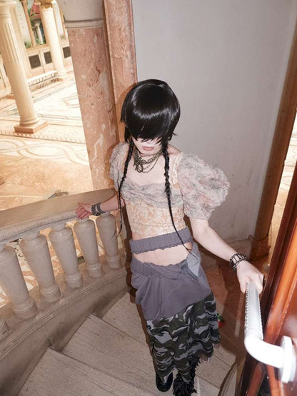 Patchwork Sheer Bud Strap Court Top【s0000015145】