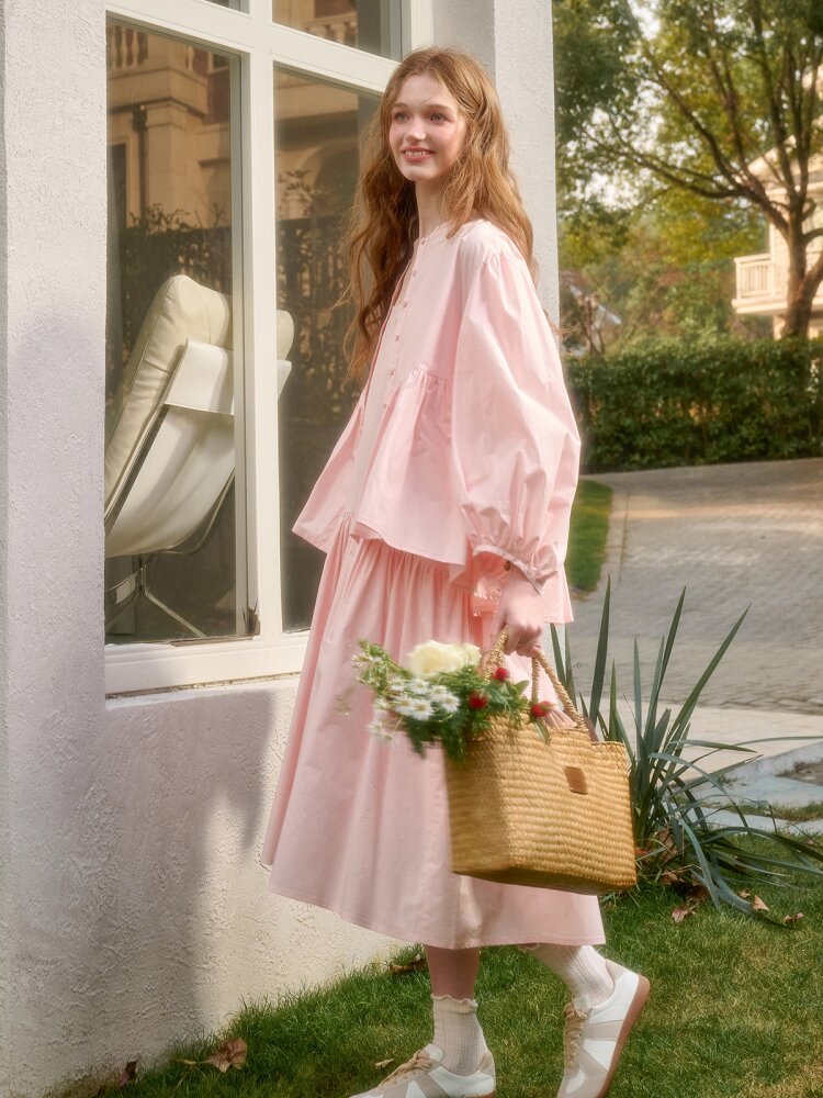 Pink Cotton Embroidered Shirt Dress【s0000015620】