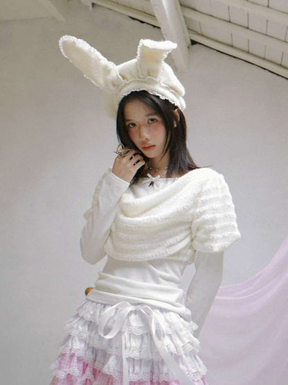 Draped Collar Bow Knitted Two-Piece Top【s0000014938】