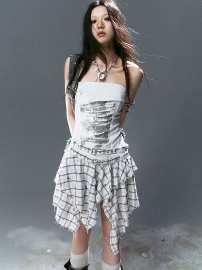 Asymmetrical patchwork plaid strapless dress【s0000012808】