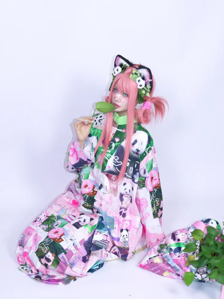 Panda Collage Print Stand Collar Long-Sleeve Top【s0000013981】