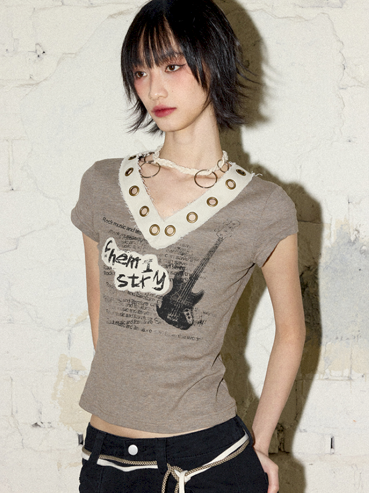 V-Neck Guitar Print Short Sleeve T-Shirt【s0000012424】