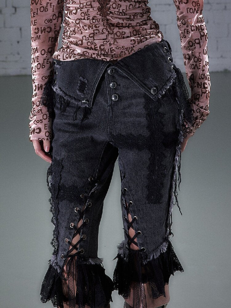 Raw Edge Lace Skinny Denim Pants【s0000016202】