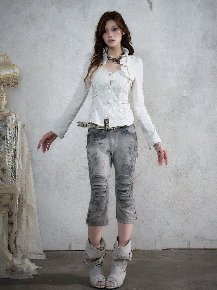 Distressed Lace Print Cropped Pants【s0000017860】