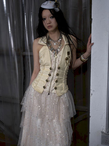 Slimming faux two-piece vest halter top【s0000012798】