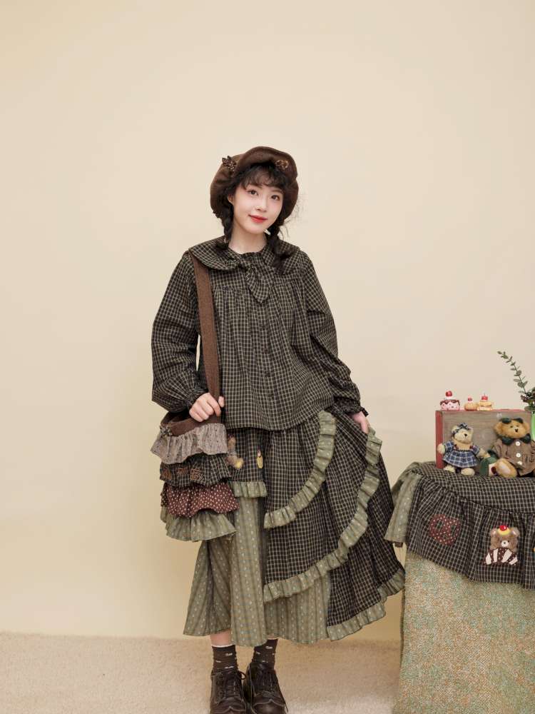 Vintage Girly Dark Green Plaid Shirt【s0000014842】