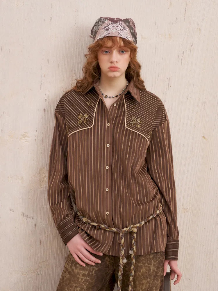 Velvet Beaded Contrast-Striped Vintage Shirt【s0000014079】