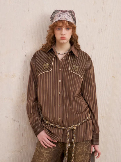 Velvet Beaded Contrast-Striped Vintage Shirt【s0000014079】