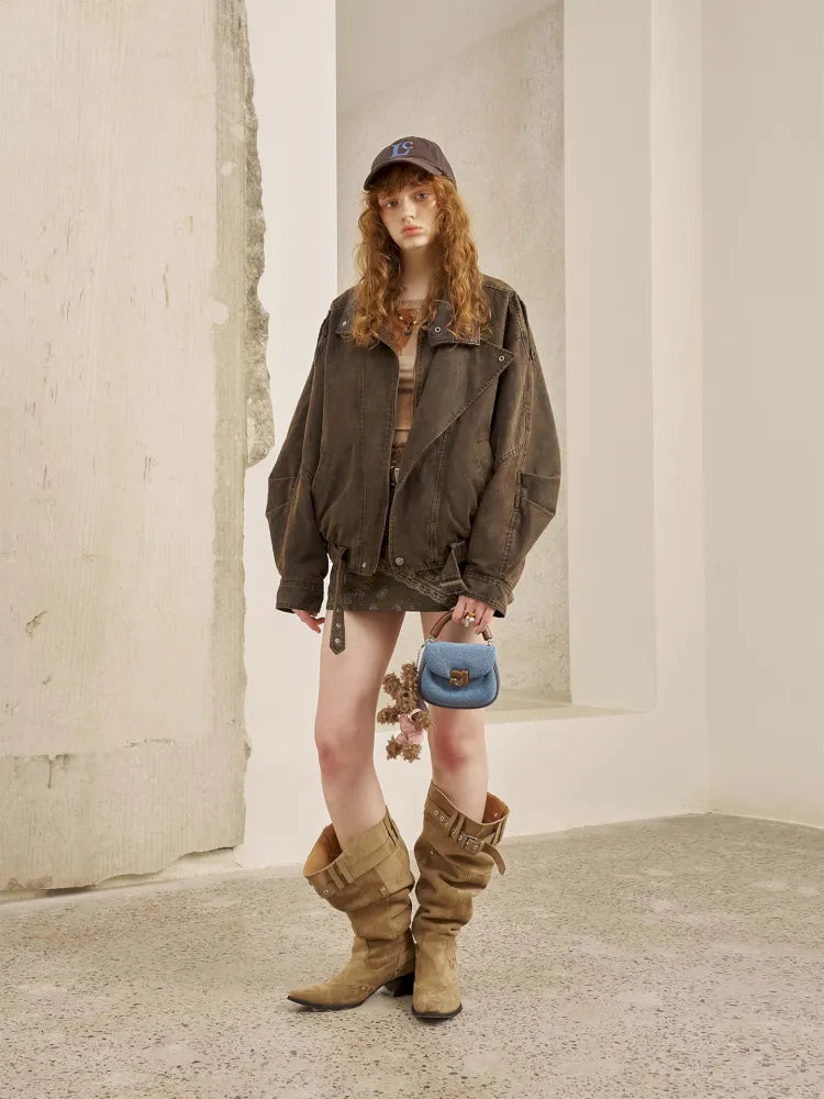 Padded Collar Patchwork Washed Denim Jacket【s0000014069】