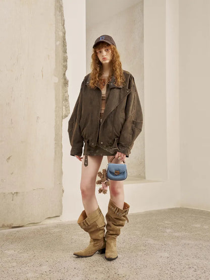 Padded Collar Patchwork Washed Denim Jacket【s0000014069】