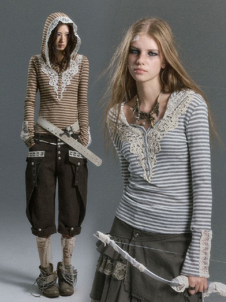 Lace Patchwork Striped Knit Top【s0000019240】