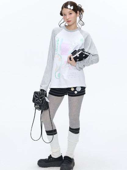 Loose Print Striped Raglan Top【s0000016378】
