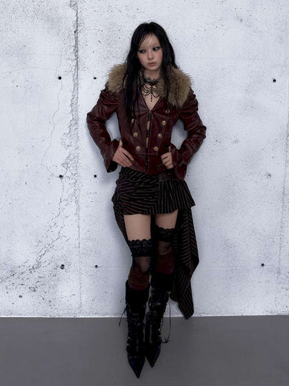 Court Punk Fur Waist Leather Coat【s0000014927】