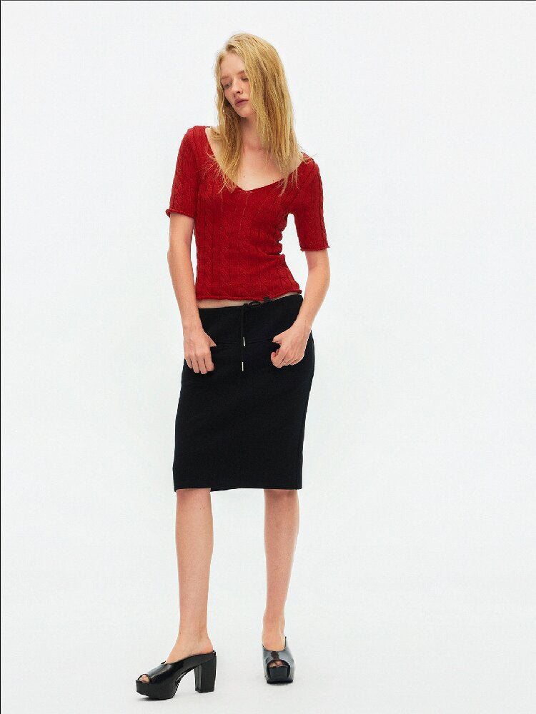 Cut Out Cable V-Neck Knit Top【s0000015928】