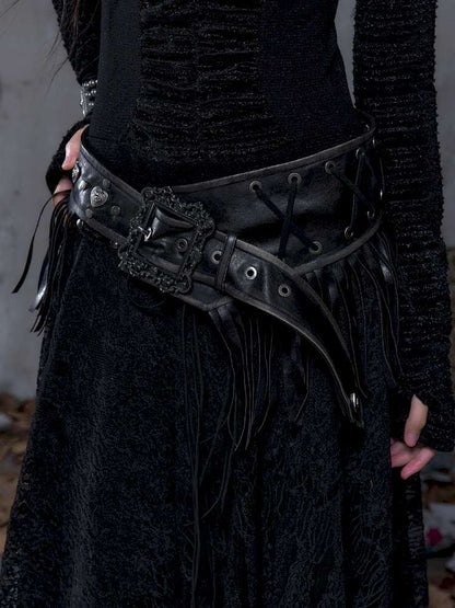 Heavy-Duty Fringe Wide Leather Belt【s0000014476】