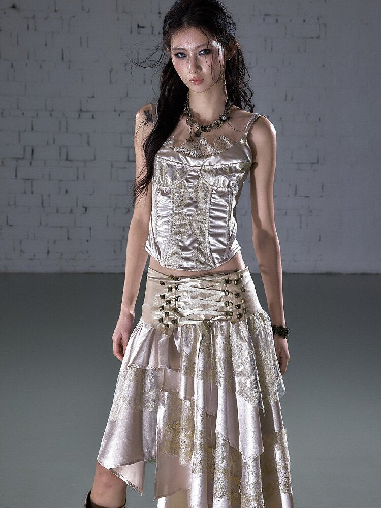 Lace Satin Fake Two Corset【s0000015936】