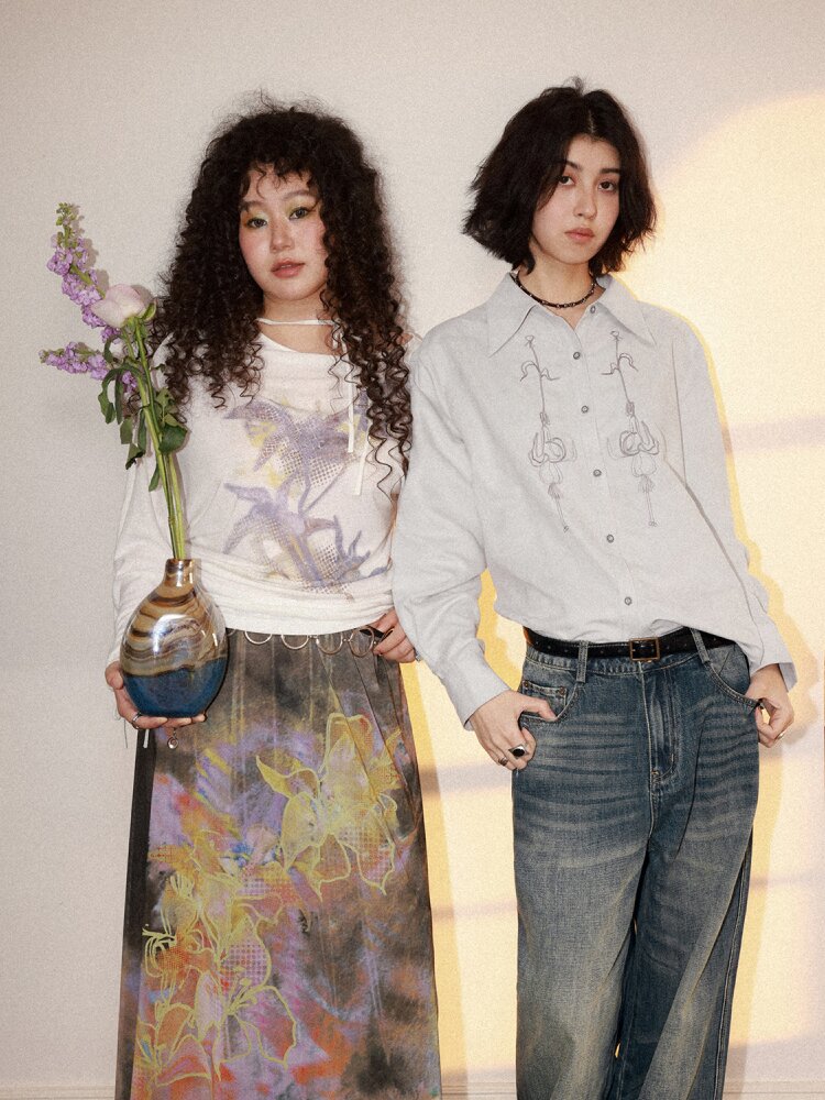 Mist Orchid Print Lace Up Top【s0000015457】