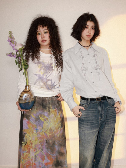 Mist Orchid Print Lace Up Top【s0000015457】