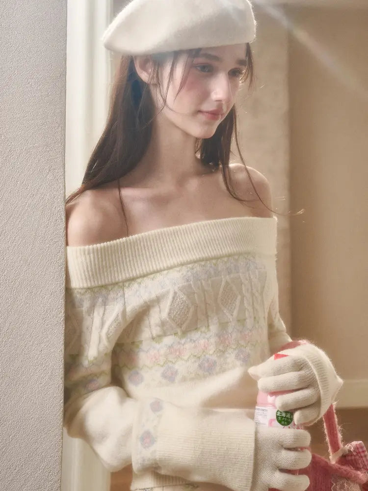 Fresh and Soft Cotton Sweater, Scarf, Floral Skirt【s0000014323】