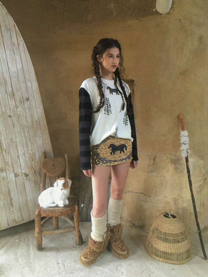 Striped Patchwork Pony Print T-Shirt【s0000014899】