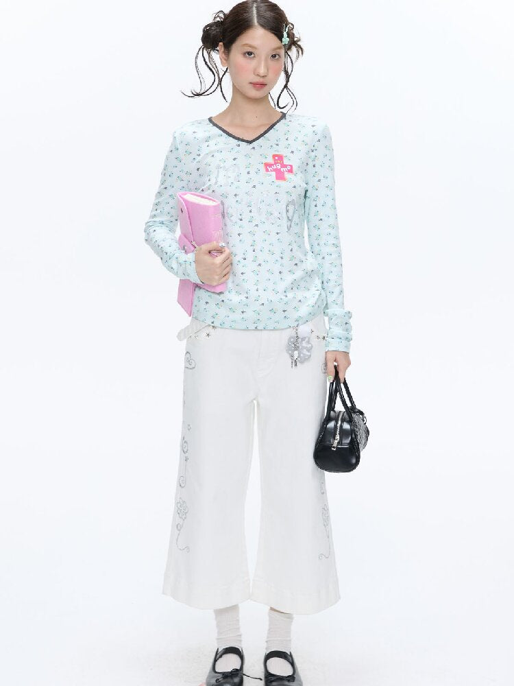 Full Print V Neck Long Sleeve Top【s0000016406】